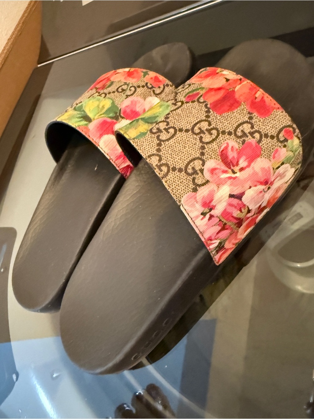 Gucci Floral GG Canvas Slide Sandals - Pink/Green/Black - Picture 2 of 3